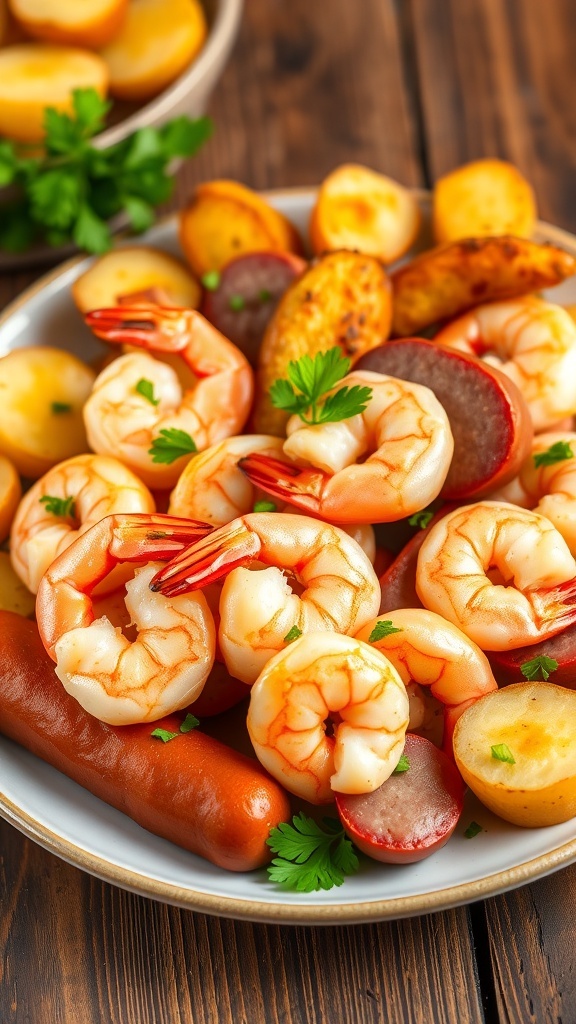 A colorful plate of air fryer shrimp, sausage, and potatoes garnished with parsley on a wooden table.